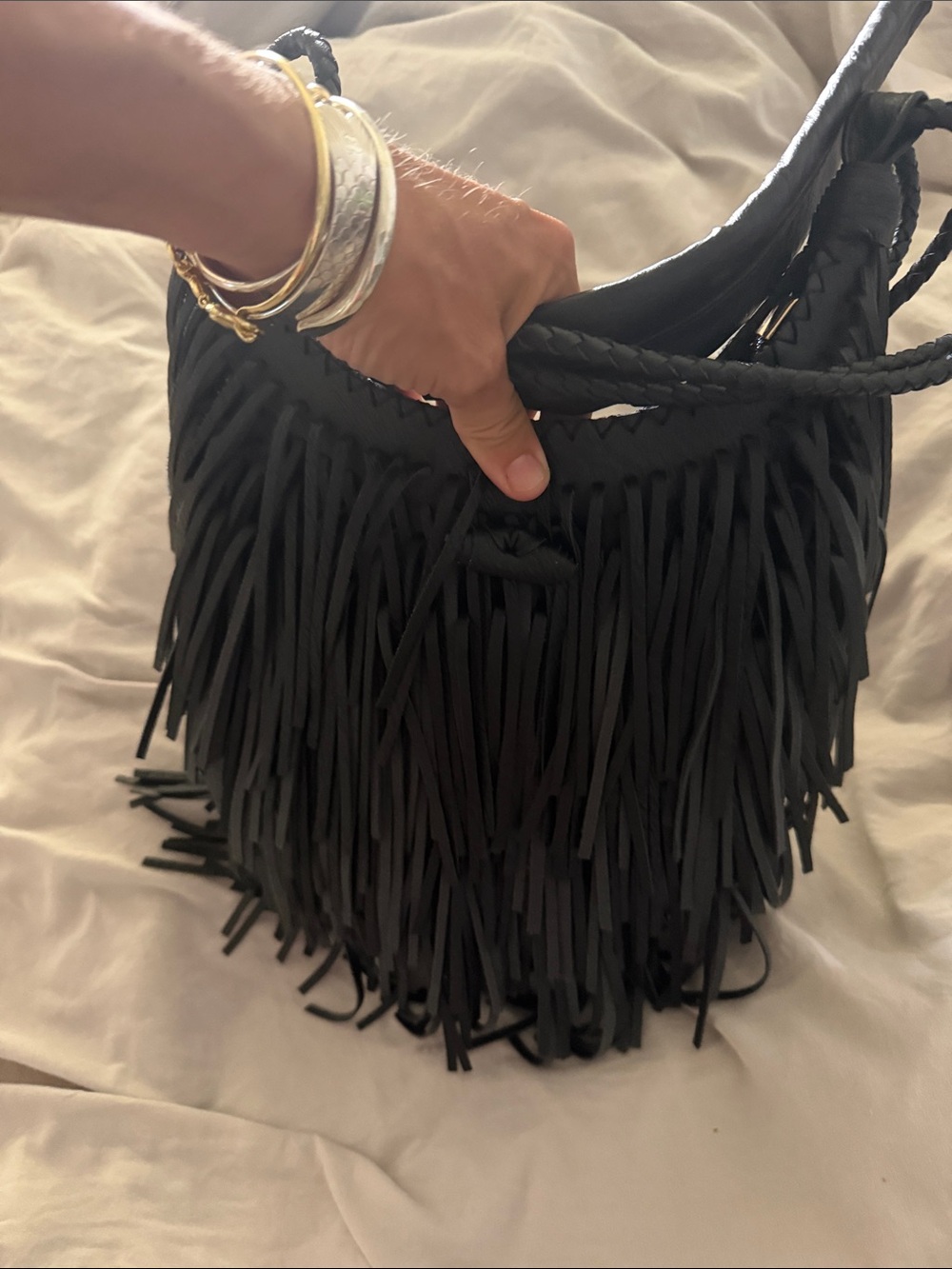 Leather Black Fringe Boho Crossbody Bag - Stylish Women’s Shoulder Bag - Picture 6 of 6